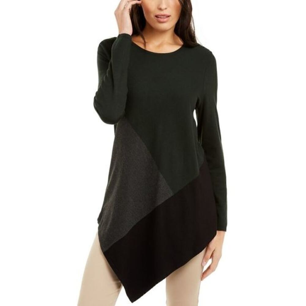 Alfani Womens Asymmetrical Color Block Dark Green Black Gray Sweater Sz M